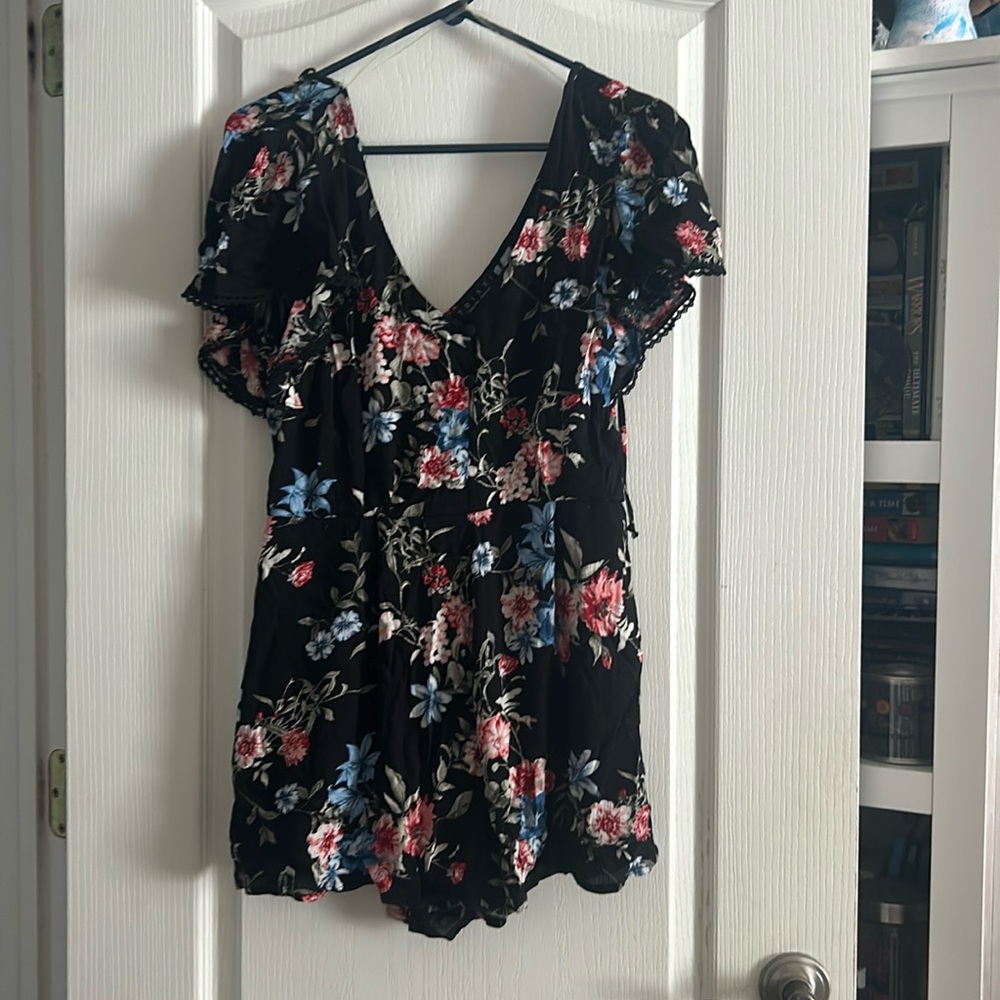 Black Romper with Red, Pink, and Blue flowers